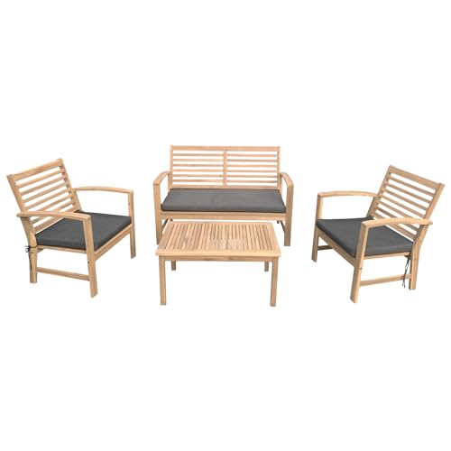 Happy Garden Salon de Jardin Goa en Acacia avec Coussins Gris. Ensemble canapé, fauteuils et Table Basse d'extérieur pour 4 Personnes