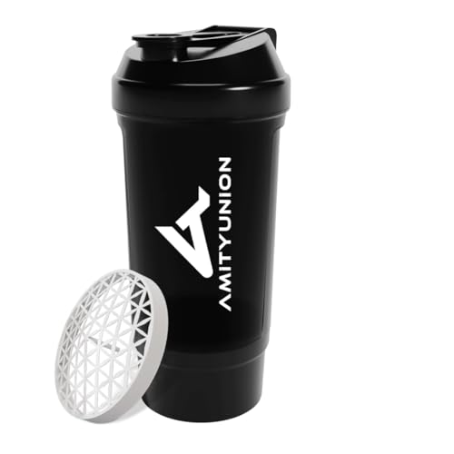 AMITYUNION Eiweiß Shaker FYRA 700 ml mit Container - Pulverfach - Protein Shaker, BPA frei mit Sieb und Skala für Whey und BCCA Shakes, Gym Fitness Becher Isolate Diät Sport Midnight Black
