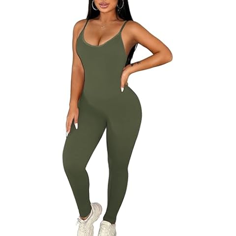 Workout Jumpsuits for Women Gym Clothes Bodycon Jumpsuit One Piece Bodysuit Outfits Romper Yoga Body Suit Tight Onesie (Green, Small) Cover