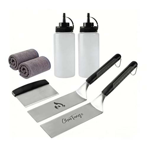 7-Piece Blackstone Griddle Accessories Kit Stainless Flat Top Grill Tools w/Spatulas Scraper Squeeze Oil Bottles & Towels BBQ Gift Full Set Only No Single Parts