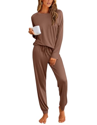 Ekouaer Pajamas Womens Long Sleeve Pj Set 2 Piece Loungewear Soft Comfy Sleepwear with Jogger Pants S-XXL
