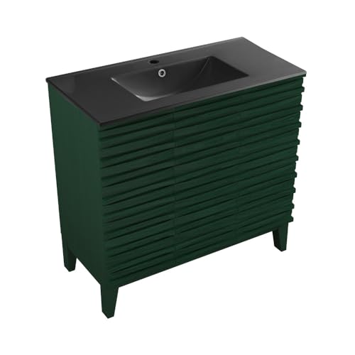 Image of Swiss Madison Cascade 36 inch Freestanding Bathroom Vanity in Green Oak with Black Sink Top