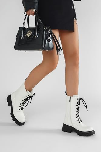 Image of Women Harness Motorcycle Biker Boots Steampunk Combat Boots Chunky Mid Calf Goth Boots Lug Sole Lace up Side Zipper