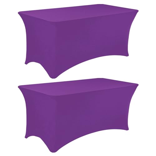 Image of 2 Pack 6FT Spandex Table Covers Washable Wrinkle Resistant Fitted Rectangle Tablecloth for Wedding Party Birthday Banquet Bar Events（Purple）