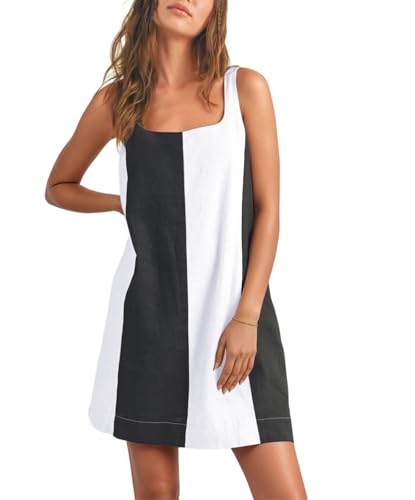 Image of CHARTOU Women Summer Sleeveless Linen Dress Color Block Short Beach Vacation Tank Dress