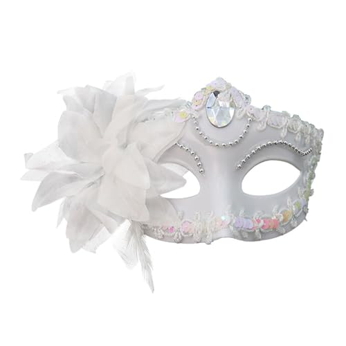MYMENU Masquerade Mask for Women Shiny Rhinestone Venetian Masks for Halloween Costume Cosplay Party Prom Ball with Flower Decor (White)