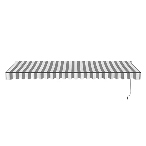 Aleko 20x10 feet Caribbean Style Electric Black Frame Awning, Remote Control Motorized & Manual Crank, Outdoor Shade Canopy with UV-Resistant Fabric - Seagull Gray & White Striped