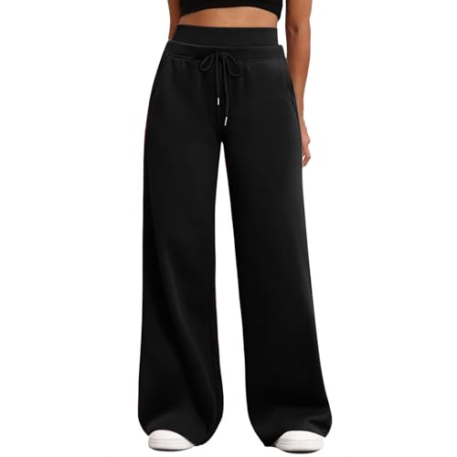 szvbofueck Jogginghose Damen Baggy High Waist Traininghose Mit Kordelzug Und Taschen Stretch Sweatpants Einfarbig Weites Bein Sporthose Outdoor Laufhose Yoga Fitnesshose,S-XXL