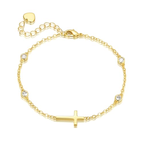 14K Gold Bracelets for Women Gold Cross Bracelet Crosses Bracelet for Womens Unique Chic Horizontal-Shaped Cross with Cubic Zircon Womens Chain Bracelets Adjustable Size (7-8.6) in