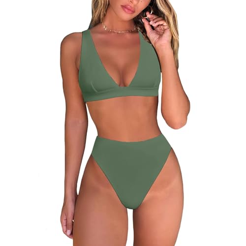 Cool Summer Conjunto de Bikini de Tanga de Talle Alto para Mujer, Top Triangular Brasileño Sexy, Trajes de Baño de Dos Piezas Con Cuello En V Profundo, Adecuado para Fiestas En La Playa