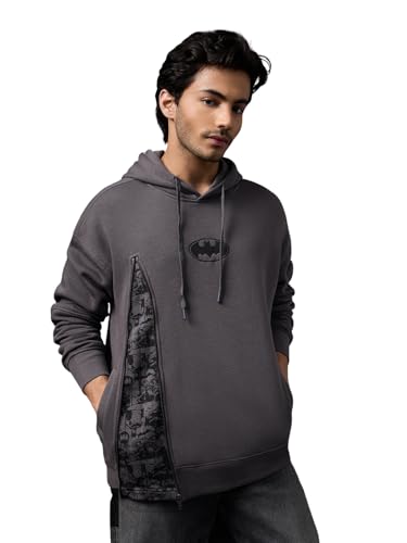 Image of The Souled Store Batman: Comics Men and Boys Full Sleeves Hooded Neck Dark Grey Embroidered Cotton Blend Oversized Fit Premium Heavy Fleece Pullover Hoodie