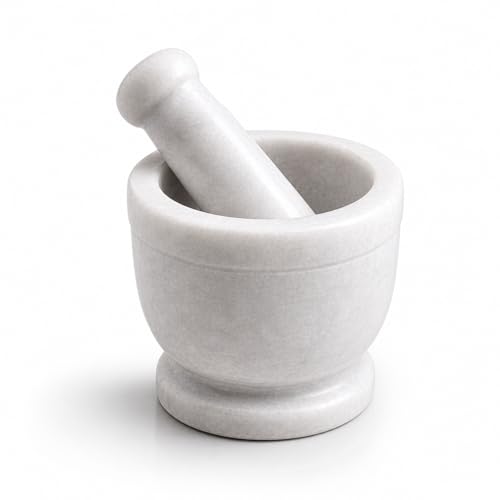 Image of Boat Shape Marble Mortar and Pestle Set Stone, Khalbatta, Kharal, Okhli, Musal Kitchen Tool For Crushing Grinding Blending (Imamdasta-White-4-Inch)