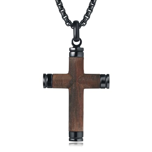 Wooden Cross Necklace for Men, Real Handmade Ebony Wood Cross Pendant Necklace Black Stainless Steel Chain, Christian Baptism Mens Cross Necklaces, Including 24 Inch Box Chain