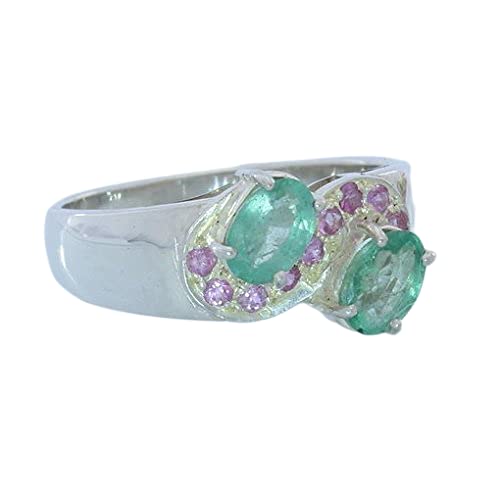 Green Emerald and Pink Sapphire Handmade Sterling Silver Ladies Ring size 7.5