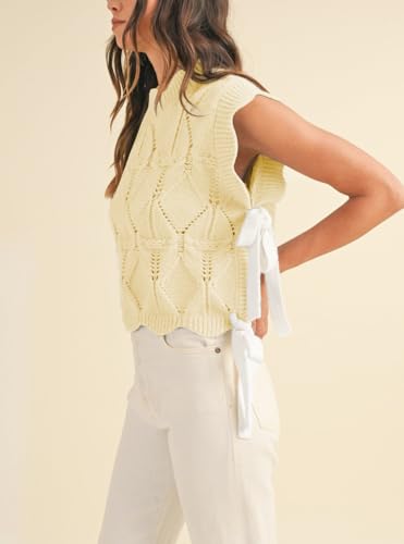 Image of Women Side Tie Sweater Vest Scallop Trim Mock Neck Knit Vest Bow Lace Up Ribbon Sweater Tank Top Knitwear