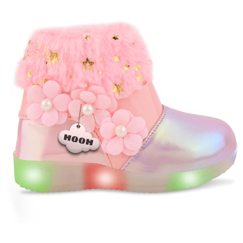 Image of Hooh Kids Girls LED Light Up Shoes Cum Boots with Faux Fur Trim and Flower Applique for 0 Months to 12 Years (for Greater Than 5 Years Age vs Size Chart in Images)