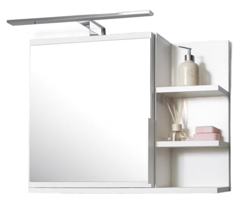 FreshYou Mobiletto a specchio 60x50 bianco, per il bagno con mensole, specchio da bagno, mobiletto sospeso - da parete, LAMPADA LED - Destra