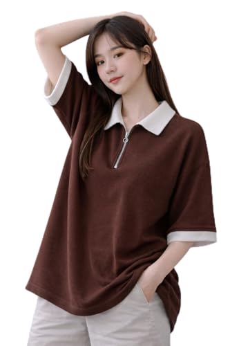 Dagcros Women's Oversized Polo Collar T-Shirt, Contrast Trim, Hal...