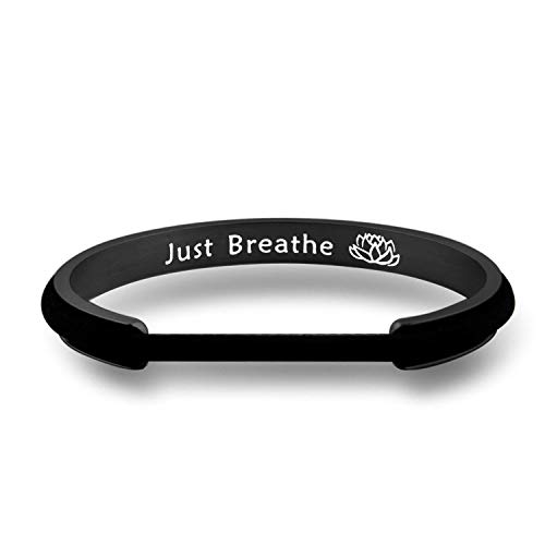 WUSUANED Just Breathe Hair Tie Deep Grooved Cuff Bracelet Lotus Flower Yoga Jewelry Gift for Women Girls (just breathe black)