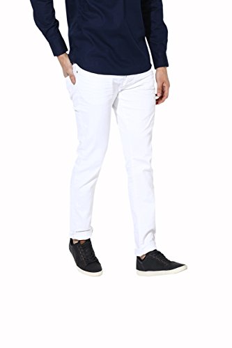 Image of HALOGEN Men's Clasic Slim Fit White Denim Jeans | Light wash denim 5-pocket mid-rise jeans, clean look with no fade, has a button and zip closure, waistband with belt loops