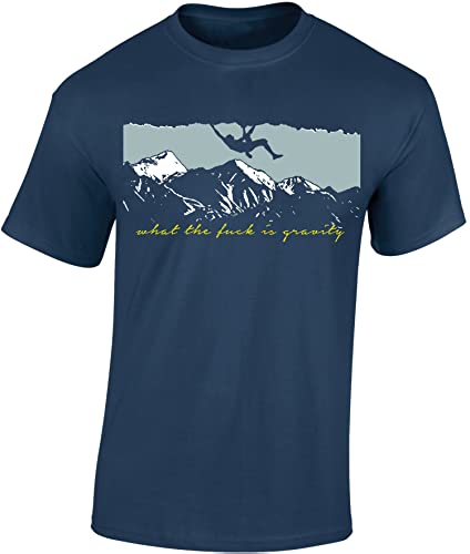 Camiseta para actividades al aire libre: What is Gravity ?,Montañismo, escalada, montañismo, senderismo, camping, naturaleza, escalada alpino, regalo para hombre y mujer, azul vaquero, M