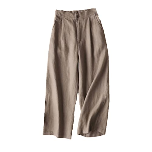 Maiyifu-GJ Women's Linen Cropped Wide Leg Pants High Waisted Button Down Long Trousers Stretch Straight Summer Casual Pant (Brown,Medium)