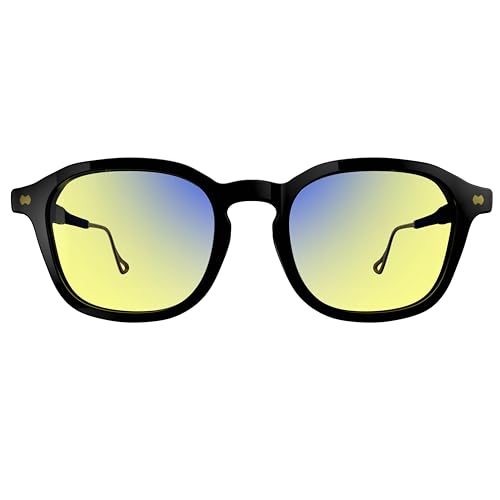 Image of Chrono Day Active Yellow Tint Square Glasses | HEV Filter Blue Light Eyewear for Stock Traders & Finance Pros | Square Frame for Multi-Screen Trading & Market Hours (Gunmetal Black)