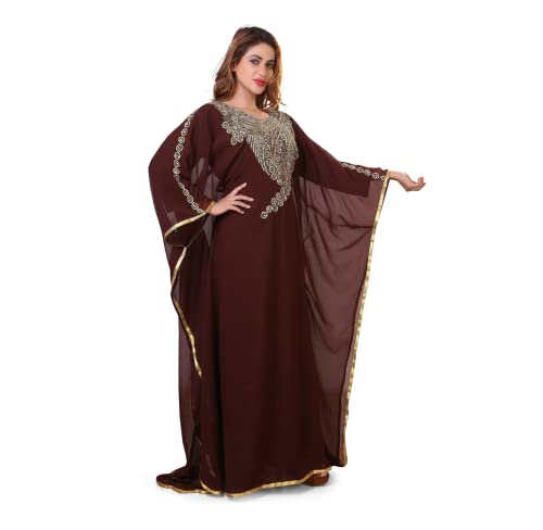 Kaftan for Women Brown Moroccan Dubai Farasha Abaya African Attire Bridesmaid Kaftan Dress Include Head Scarf by ZARDOZI Art