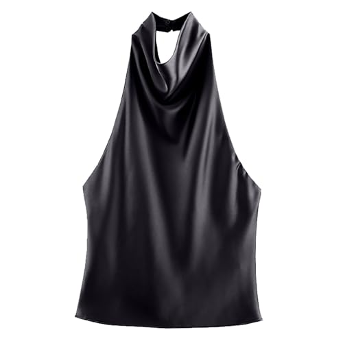 Débardeur noir pour femme élégant tops pour femmes en satin dos nu suspendu blouses en satin tendance épaules dénudées camisole ample sans manches...