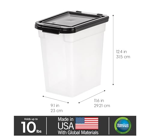 IRIS USA 10 Lbs / 12.75 Qt WeatherPro Airtight Pet Food Storage Container, for Dog Cat Bird and Other Pet Food Storage Bin, Keep Pests Out, Keep Fresh, Translucent Body, BPA Free, Clear/Black