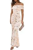 LUXVEER Women's Mesh Floral Maxi Dress 2026 Summer Off The Shoulder Ruched Bodycon Long Cocktail...