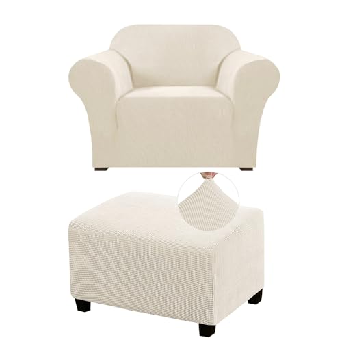 PrinceDeco Stretch Armchair Covers 1-Piece Chair Sofa Slipcovers Bundle Rectangle Ottoman Cover, Biscotti Beige