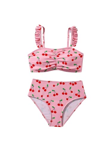 Image of RoseSeek Girl's 2 Piece Cherry Print Swimwear Ruffle Trim Ruched Bathing Suits Cute Swimsuits