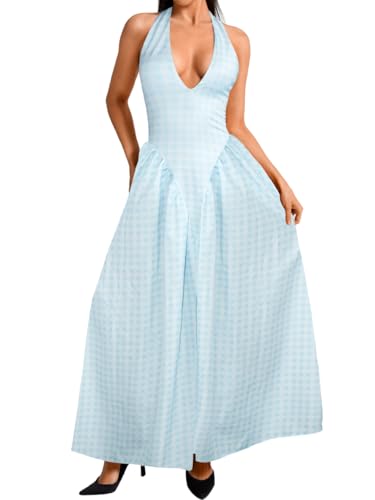 Image of ChiaoLezhee Deep V Neck Dress, Halter Maxi Dresses, Vacation Date Night, Sexy for Women Corset Flowy Wedding Guest Drop Waist