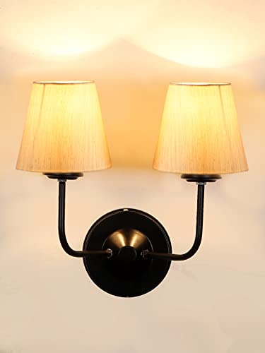Image of Dual Wall Sconce Wall Lamp (H-10 Inches, Beige) for Living Room /Bedroom, Hall, Study, Kids Room, Home Office, Balcony Decor | Black Metal Finish, Modern Indoor Wall Night Ambient Lighting