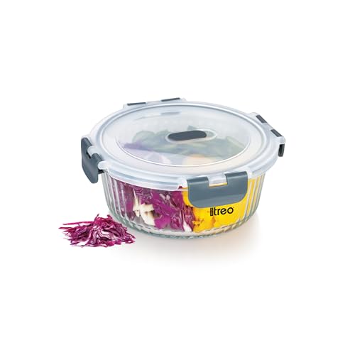 By Milton Clip Fresh RIB Round 950 ml Premium High Borosilicate Glass Container – Airtight, Leak-Proof, Microwave & Dishwasher Safe with Air Vent, Sta