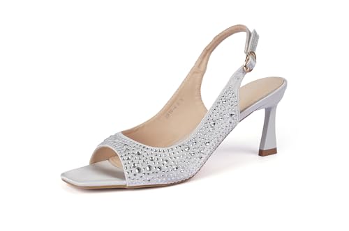 Women's Crystal Slingback Heels, Open Toe Kitten Heel Sandals