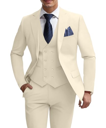 Men's Suits 3 Piece Slim Fit Double Breasted Tuxedo Suit for Men Formal Blazer Suit for Wedding Cream Suits Prom Dinner Party XL