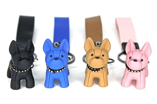 DUB SPENCER Süßer French Bulldog Hunde Miniatur Figur Schlüsselanhänger als Französische Bulldogge mit Leder Anhänger, Karabiner & Schlüsselring in 4 Farben + Aufkleber (Schwarz)