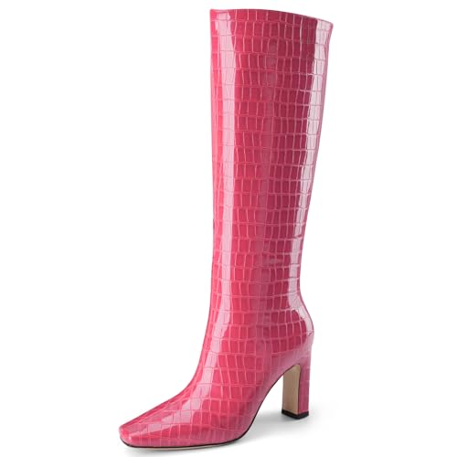 Knee High Boots Women Black Long Boots Slip on Tall Boots Chunky High Heel Square Toe Crocodile Pattern Leather Boots with Side Zipper for Ladies Sexy