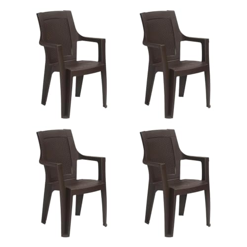 Image of INNOWIN Sweden Plastic Chair with Armrest | Pack of 4 | Strong & Durable | Modern Woven Back Design | Indoor & Outdoor Use | Living Room, Balcony, Garden Seating | Rust Brown | 3 Year Warranty