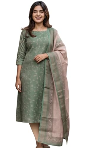 Image of Sun Fashion And Lifestyle Kurta Dupatta Sets for Woman | Kurti Set | Women's 2 Piece Kurta with Dupatta Set | Chanderi Kurta Woman | Dupatta (KD10 Green)