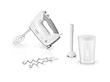 Bosch Handrührer ErgoMixx MFQ36440, 2 Rührbesen, 2 Edelstahl-Knethaken, Pürierstab, Becher, spülmaschinengeeignet, 5 Stufen plus Turbostufe, 450 W, weiß