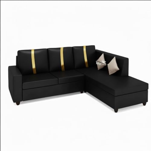 Image of FURNY Nathanoy 4 Seater Leatherette RHS L Shape Sofa Set (Black) Premium Finish | Ideal for Living Rooms