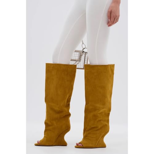 Kluolandi Women's Wedge Heel Knee High Boots Sexy Peep Toe Slouchy Suede Boots Wide Calf Tall Knee High Boots for Women3