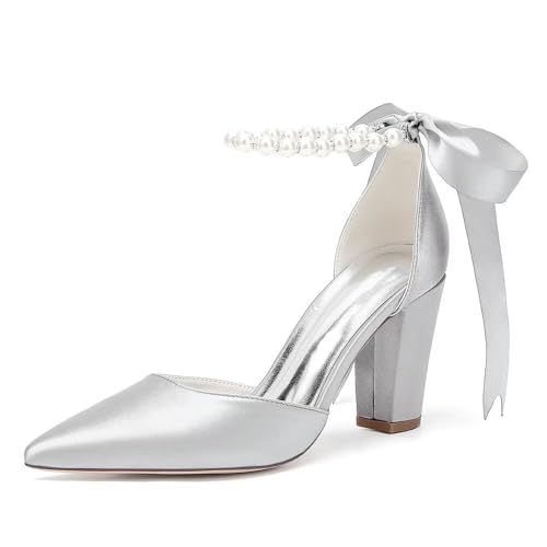 Women's Chunky Block Heel Wedding Shoes for Bride Satin Pearls Ankle Strap Evening Dressy Pumps
