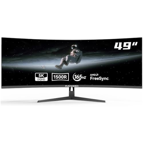 Raywego 49 Inch 5K Curved Gaming Monitor, 5120x1440 DQHD Ultrawide Computer Monitor, 165Hz Refresh Rate, 1500R Curvature, HDR400, FreeSync & G-Sync Compatible, VESA Mount, Black