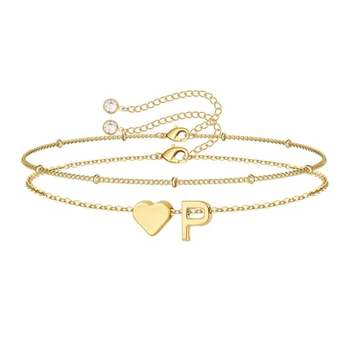 Image of M MOOHAM Easter Basket Stuffers Gifts for Kids Teens Girls - 14K-Gold-Plated Heart Initial A-Z Bracelets for Women Girl Dainty Gold Bracelets Birthday Easter Gifts for Women Teenage Girls Kids Teens