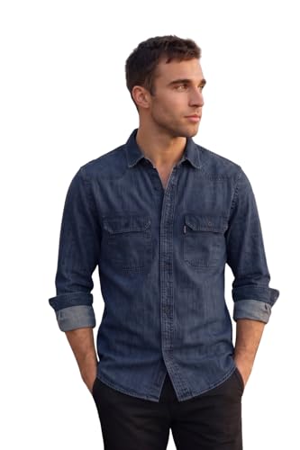 Image of Louis Philippe Men's Slim Fit Classic Denim Wash Stylized Fashion Full Sleeve Casual Shirt