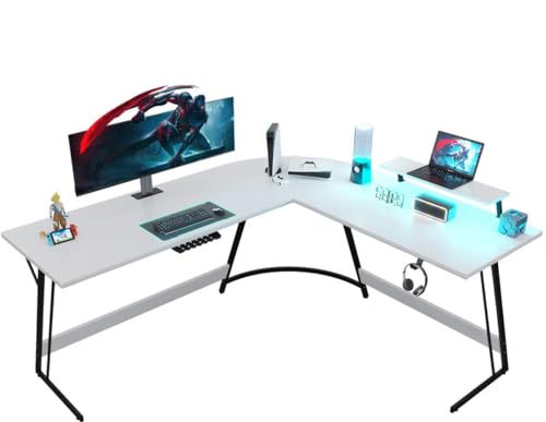 JUMMICO Gaming Tisch 130cm mit LED und Monitorständer,Eckschreibtisch mit Tasche Stauraum,Groß L-förmiger Schreibtisch Pc Ecktisch mit Kabelmanagement,Tassenhalter und Kopfhörerhaken,Weiß